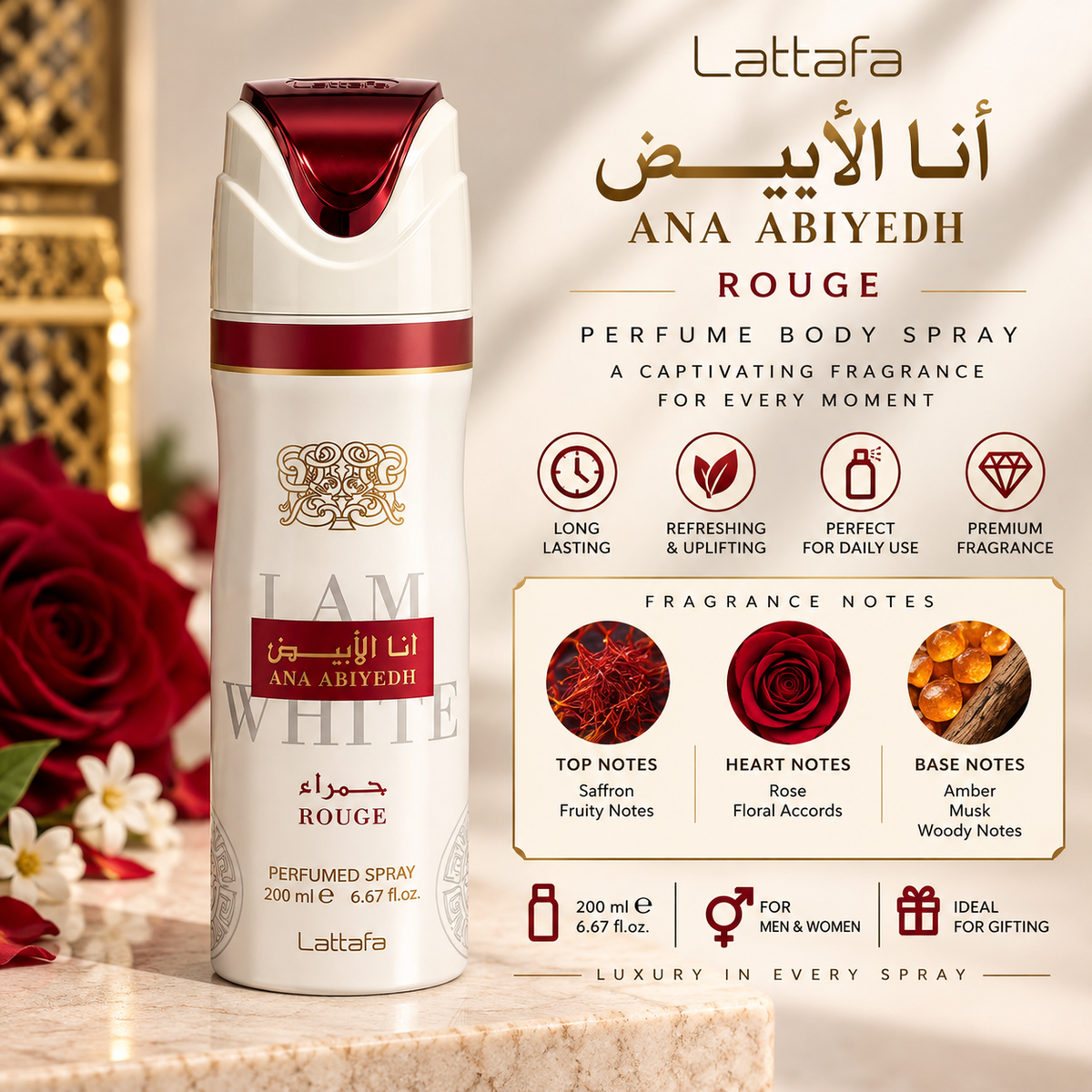 Lattafa Ana Abiyedh Rouge Perfumed Body Spray