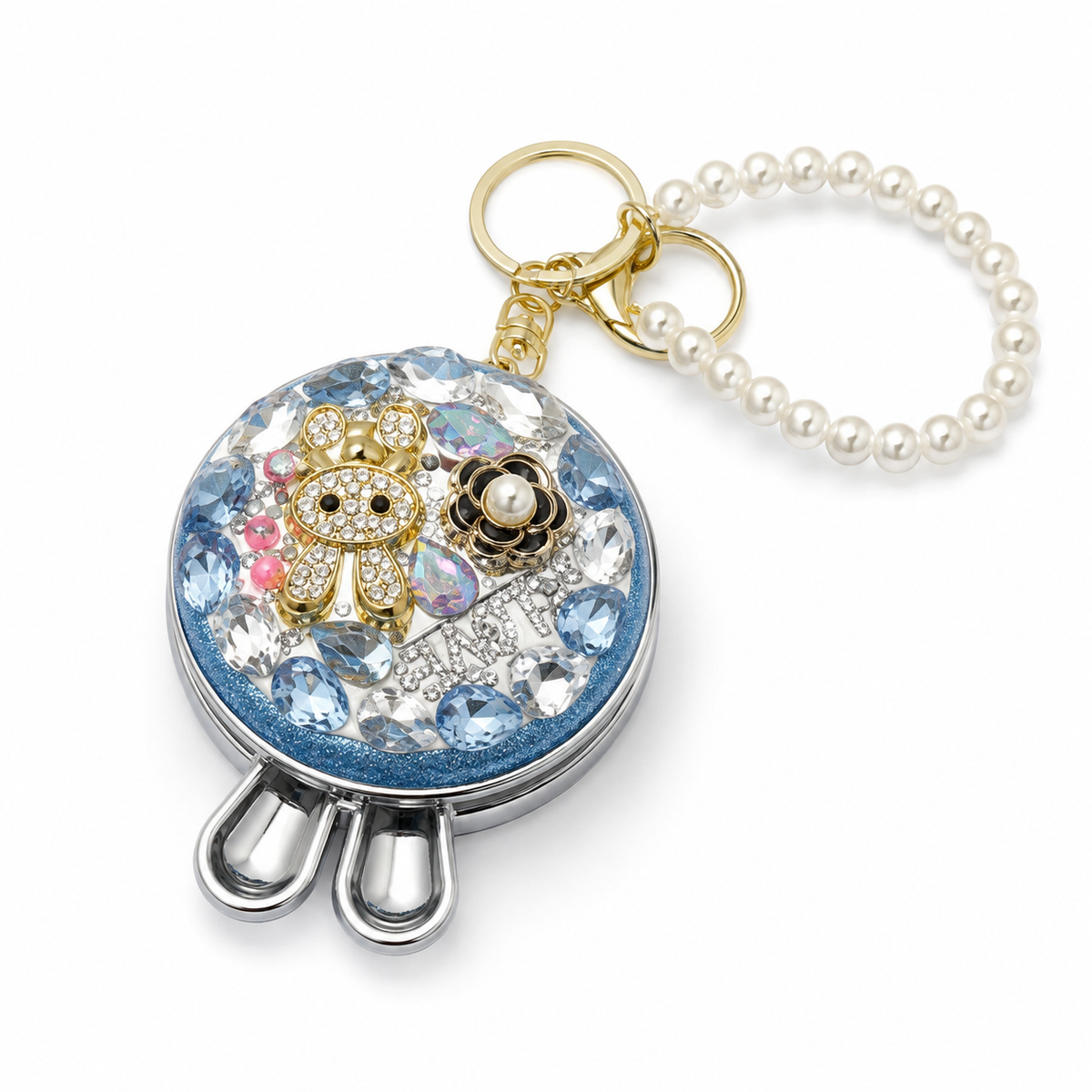 Bling Bunny Compact Mirror Keychain, Pearl Crystal Purse Charm
