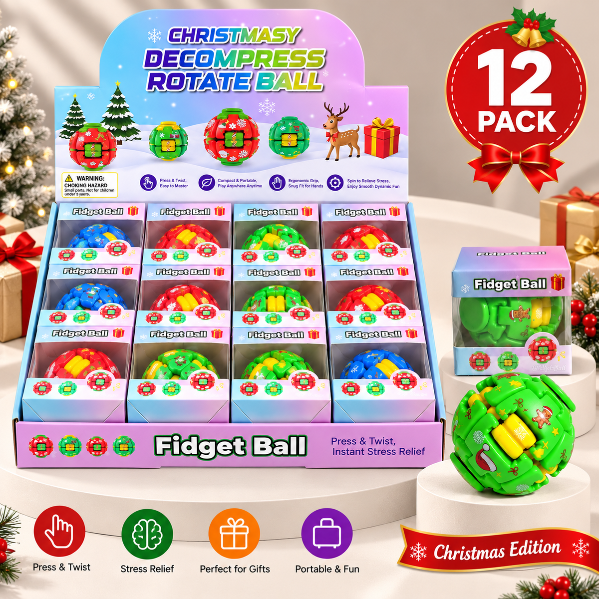 Christmas Fidget Ball – 12 Pack Holiday Display