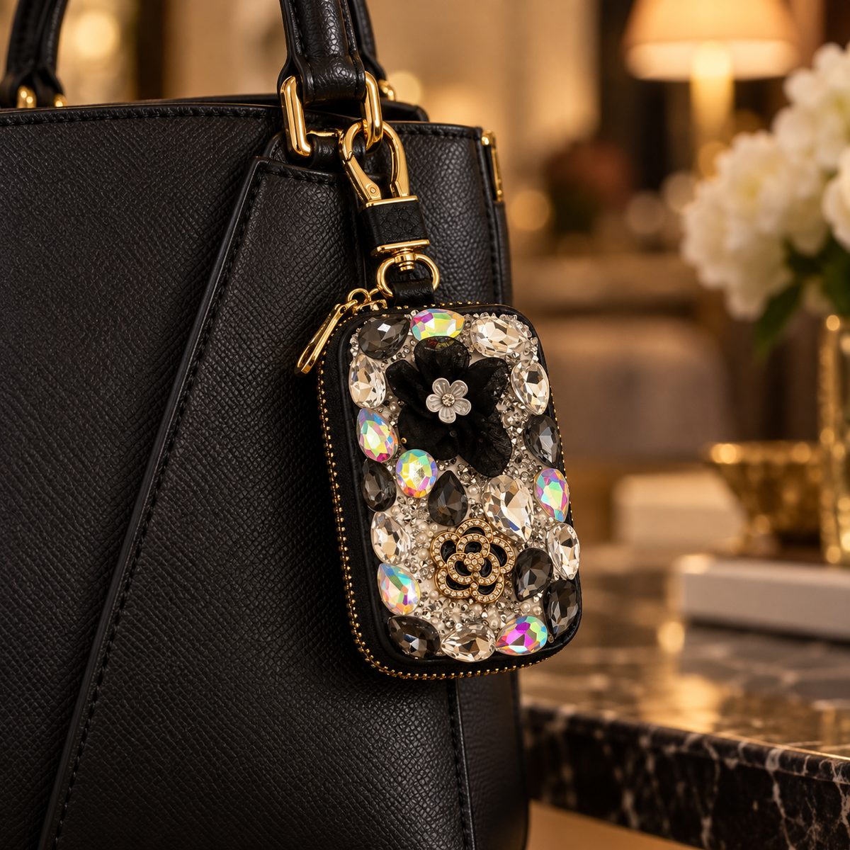 Black Rhinestone  keychain wallet