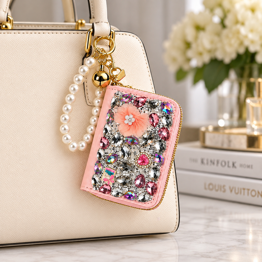 Pink Rhinestone Card Holder keychain wallet
