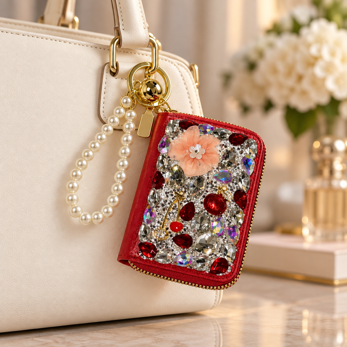 Red Rhinestone Card Holder keychain wallet