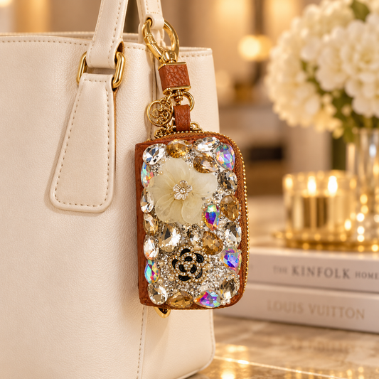 Brown leather mini Rhinestone keychain wallet