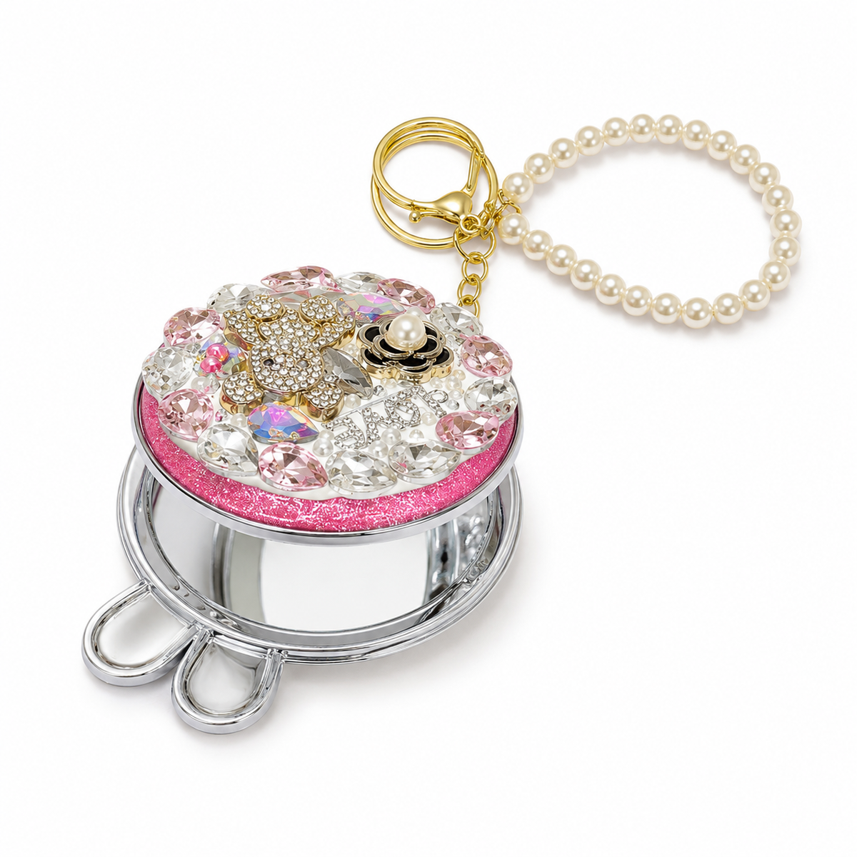 Bling Bunny Compact Mirror Keychain, Pearl Crystal Purse Charm