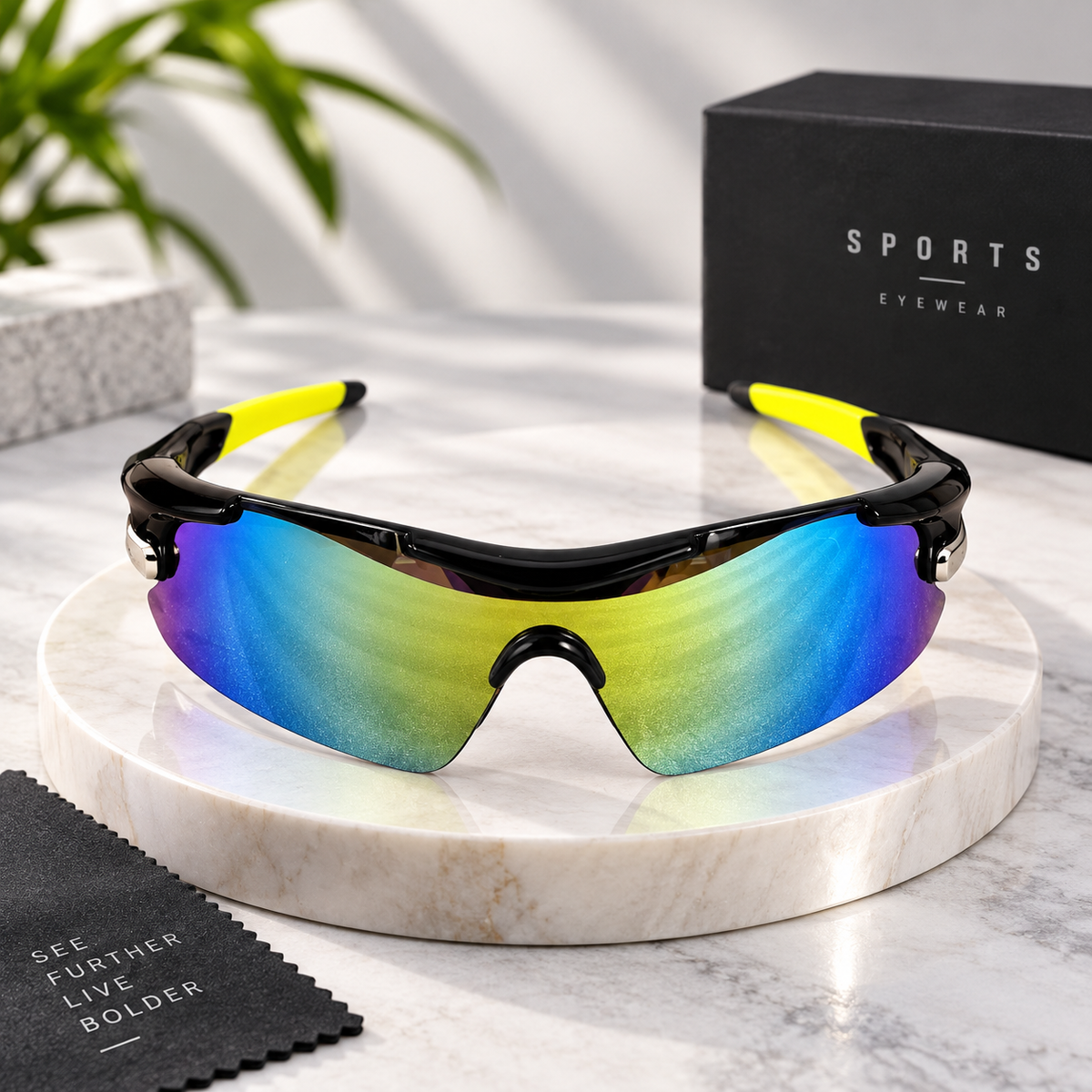 Mirrored Shield Sport Sunglasses-Black & Neon Yellow