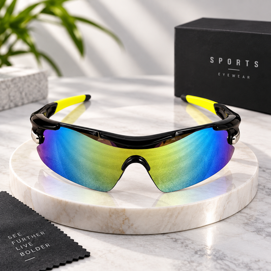 Mirrored Shield Sport Sunglasses-Black & Neon Yellow