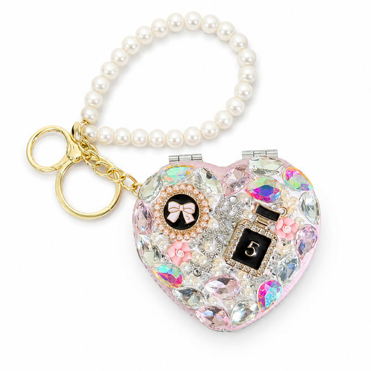 Bling Heart Compact Mirror Keychain, Pearl Crystal Purse Charm