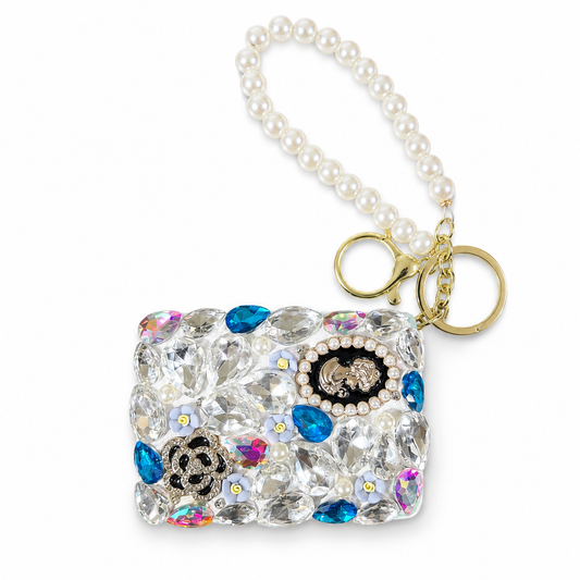 Blossom Bling Compact Mirror Keychain, Pearl Crystal Purse Charm