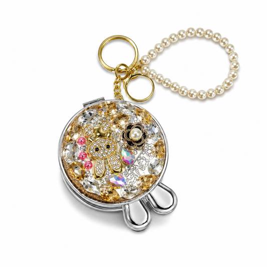 Bling Bunny Compact Mirror Keychain, Pearl Crystal Purse Charm