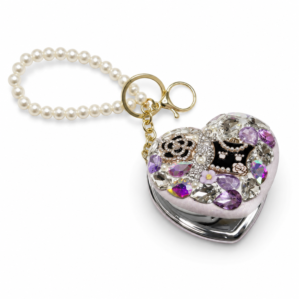Bling Heart Compact Mirror Keychain, Pearl Crystal Purse Charm,