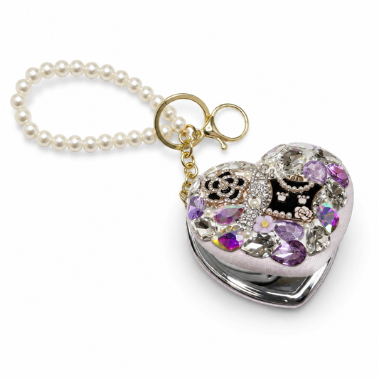 Bling Heart Compact Mirror Keychain, Pearl Crystal Purse Charm,