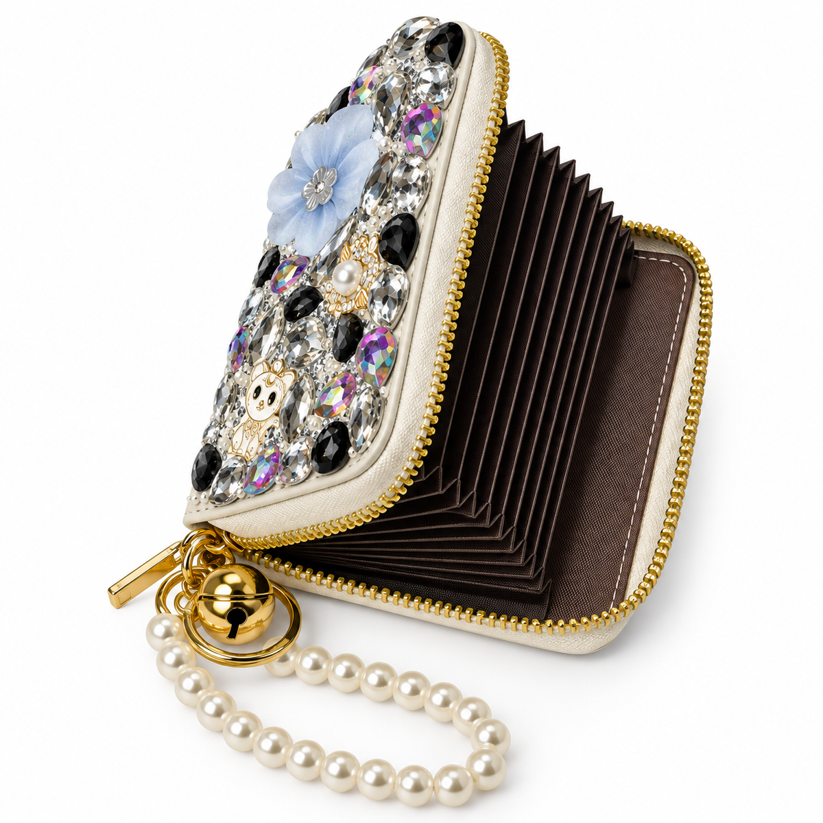 White Rhinestone Card Holder keychain wallet