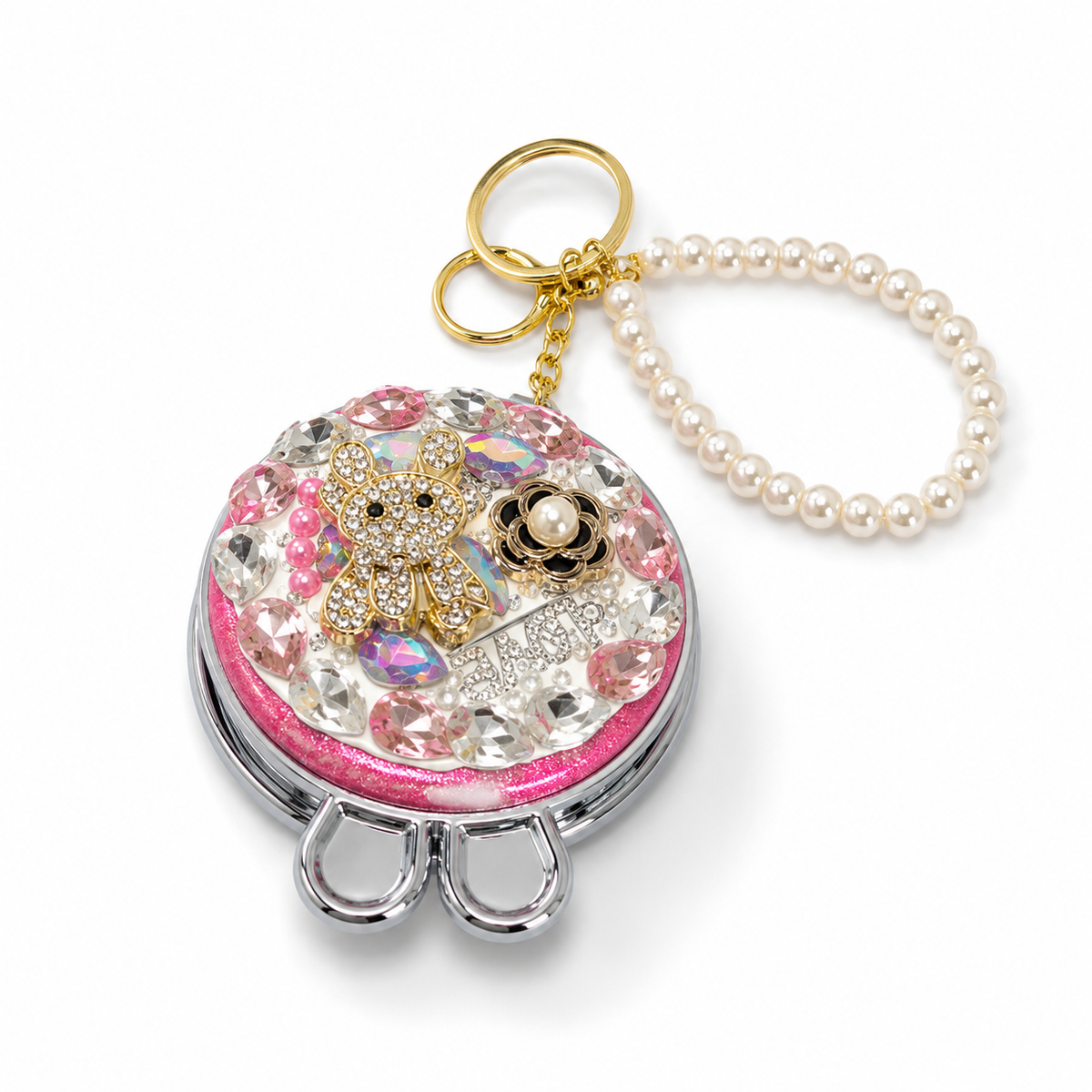 Bling Bunny Compact Mirror Keychain, Pearl Crystal Purse Charm
