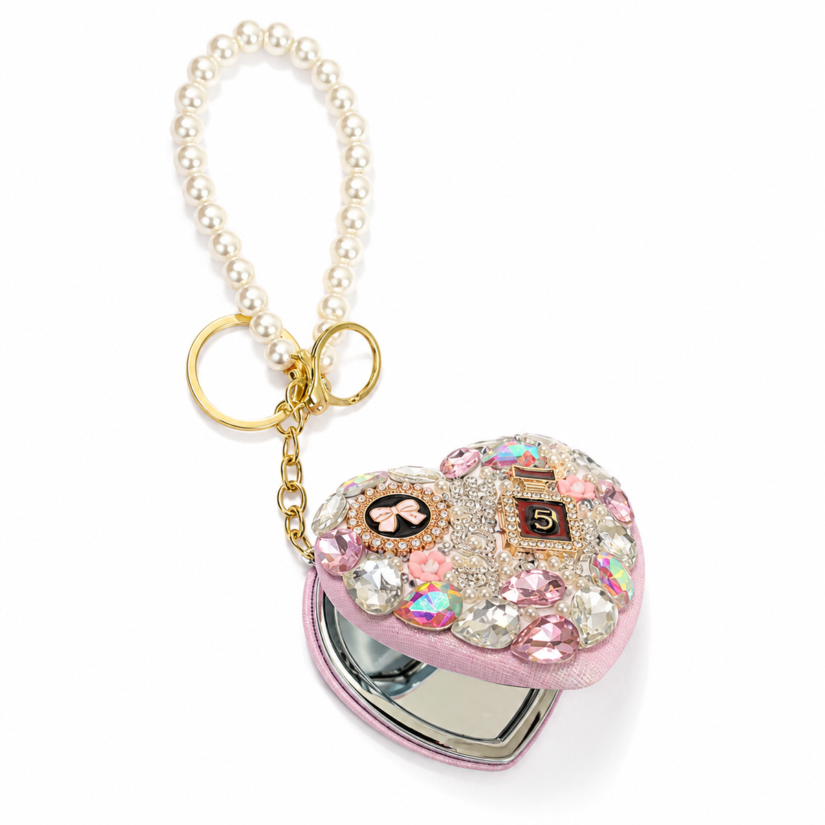 Bling Heart Compact Mirror Keychain, Pearl Crystal Purse Charm