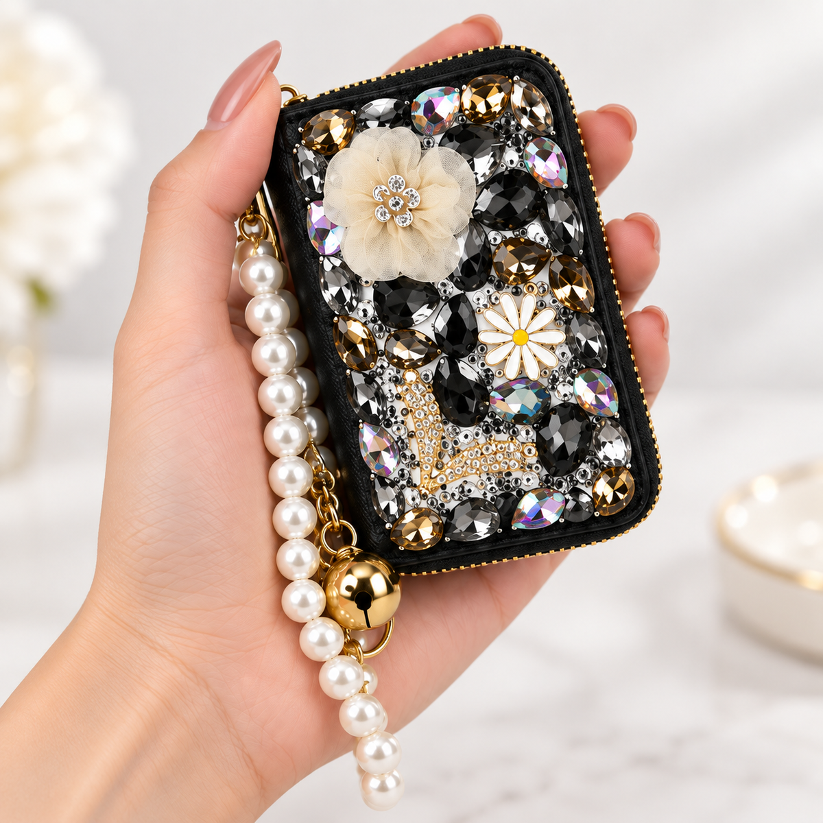 Black Rhinestone Card Holder keychain wallet