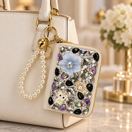 White Rhinestone Card Holder keychain wallet