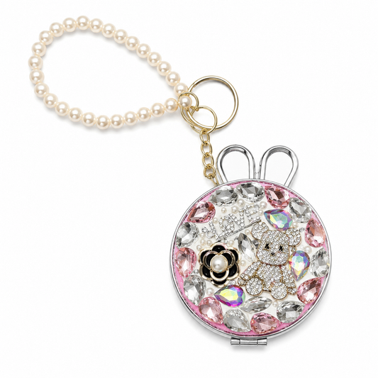 Bling Bunny Compact Mirror Keychain, Pearl Crystal Purse Charm