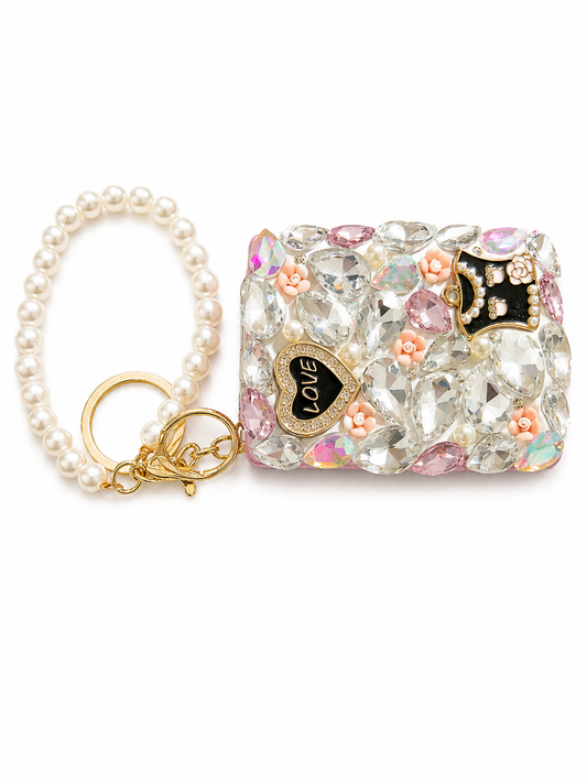 Blossom Bling Compact Mirror Keychain, Pearl Crystal Purse Charm