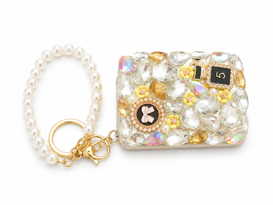 Blossom Bling Compact Mirror Keychain, Pearl Crystal Purse Charm