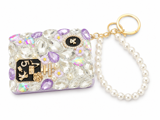 Blossom Bling Compact Mirror Keychain, Pearl Crystal Purse Charm