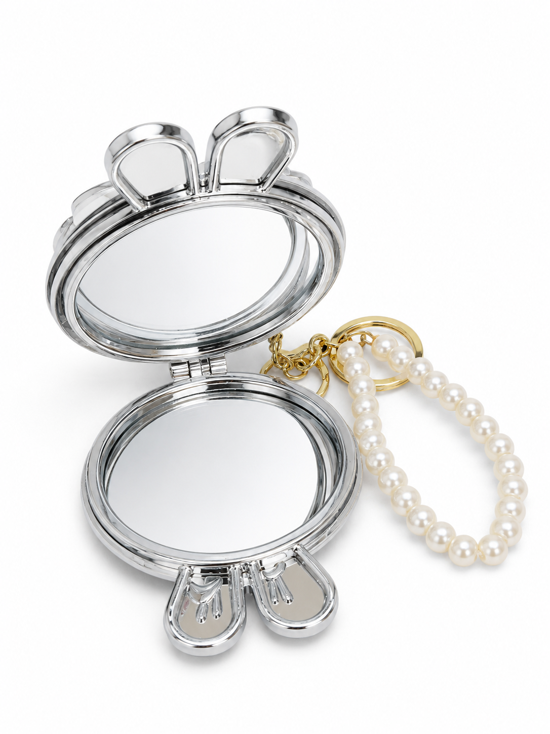 Bling Bunny Compact Mirror Keychain, Pearl Crystal Purse Charm