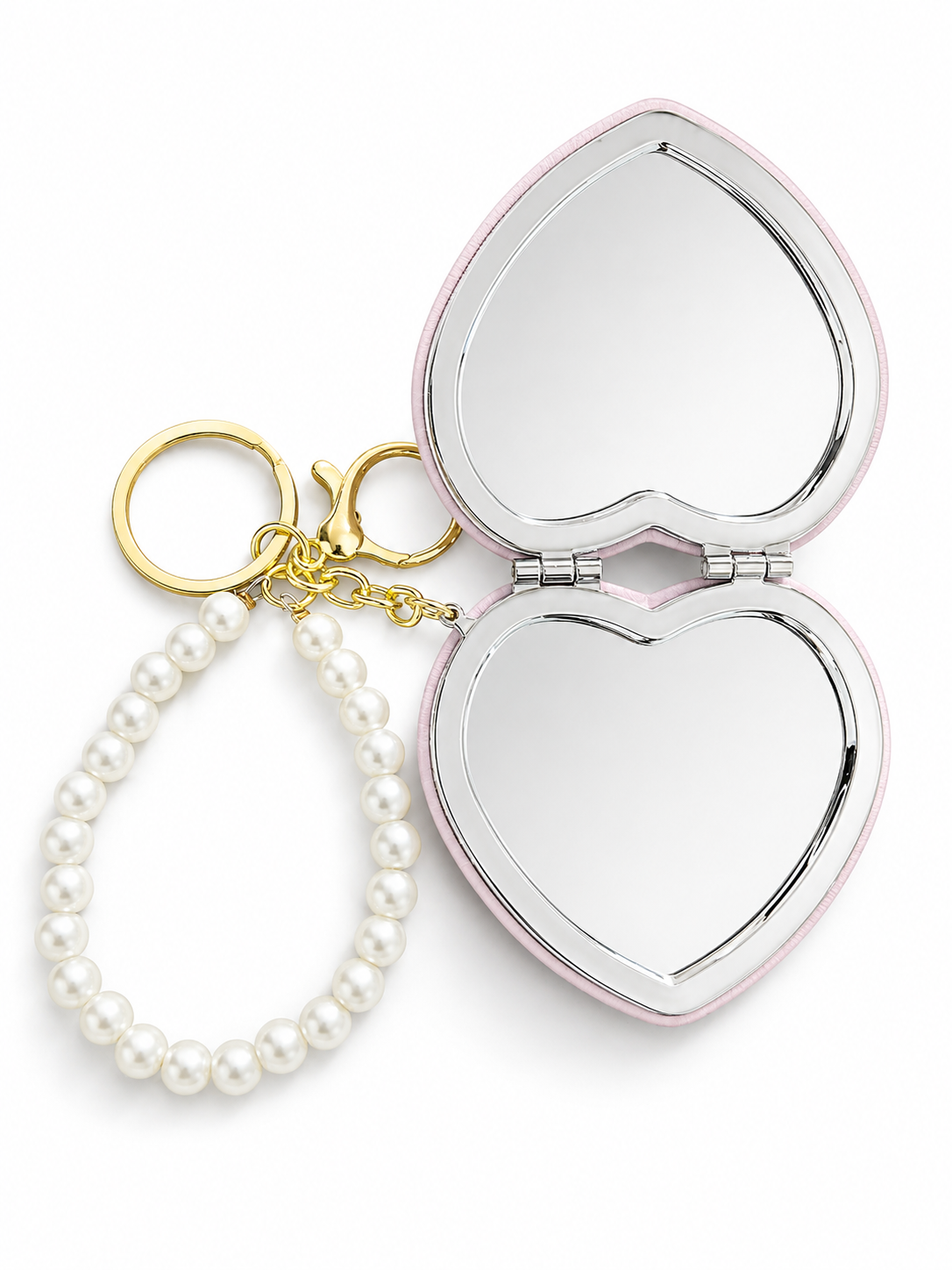 Bling Heart Compact Mirror Keychain, Pearl Crystal Purse Charm,