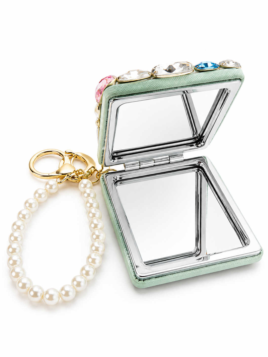 Blossom Bling Compact Mirror Keychain, Pearl Crystal Purse Charm