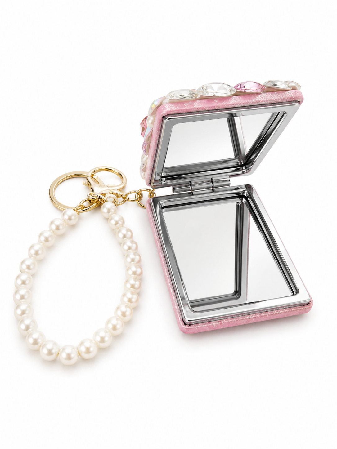 Blossom Bling Compact Mirror Keychain, Pearl Crystal Purse Charm