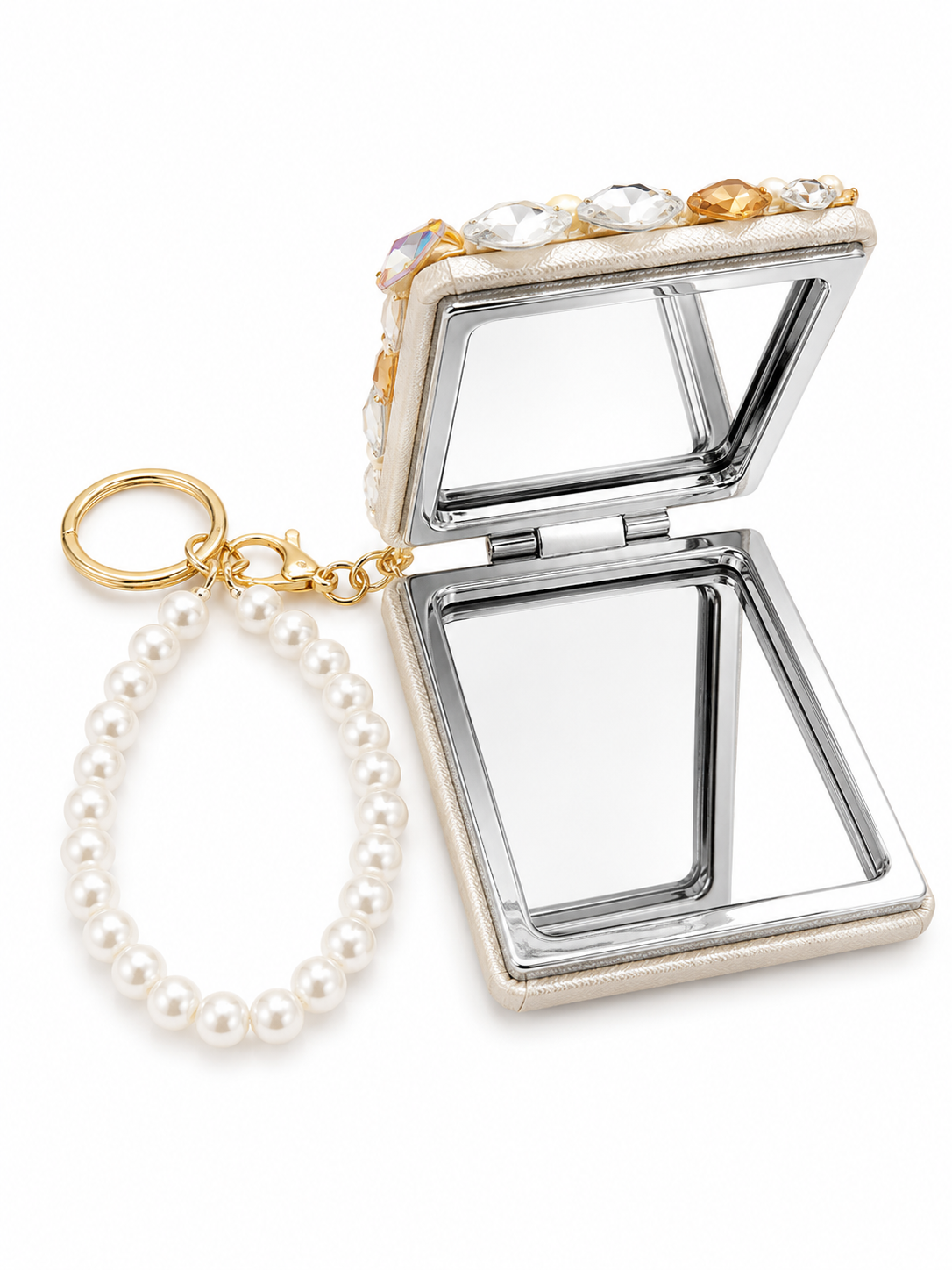 Blossom Bling Compact Mirror Keychain, Pearl Crystal Purse Charm