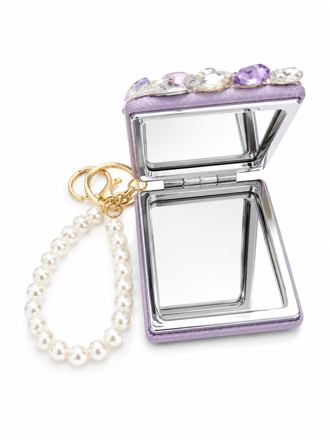 Blossom Bling Compact Mirror Keychain, Pearl Crystal Purse Charm