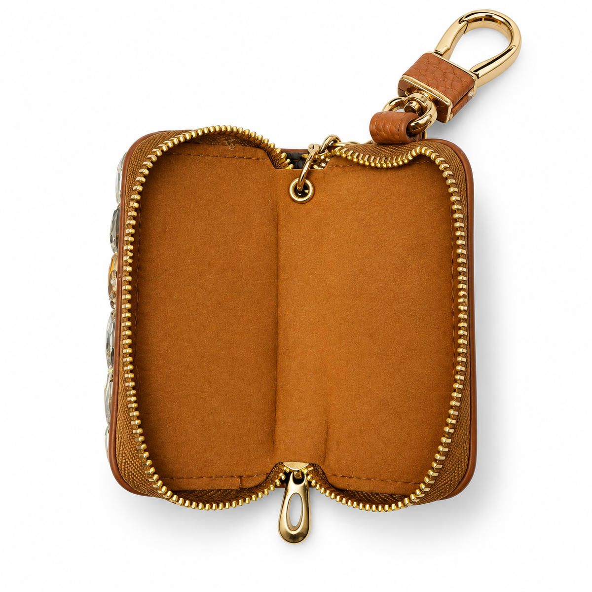 Brown leather mini Rhinestone keychain wallet