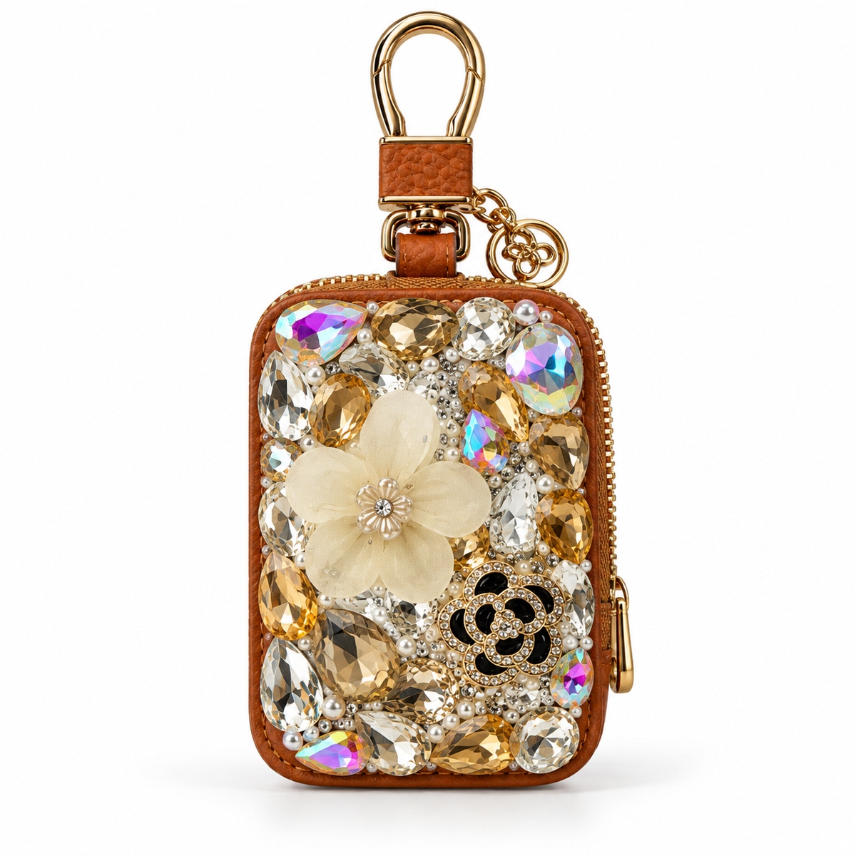 Brown leather mini Rhinestone keychain wallet