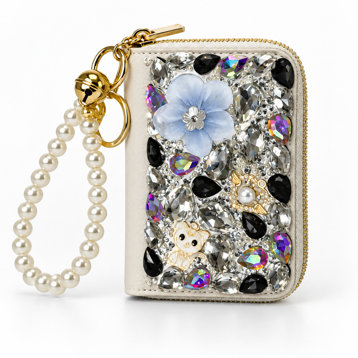 White Rhinestone Card Holder keychain wallet