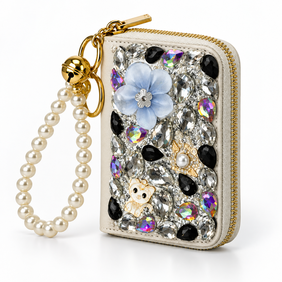 White Rhinestone Card Holder keychain wallet