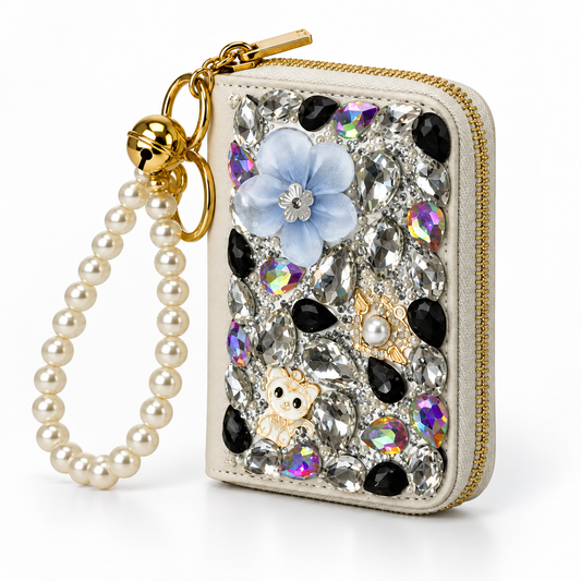 White Rhinestone Card Holder keychain wallet