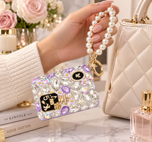 Blossom Bling Compact Mirror Keychain, Pearl Crystal Purse Charm