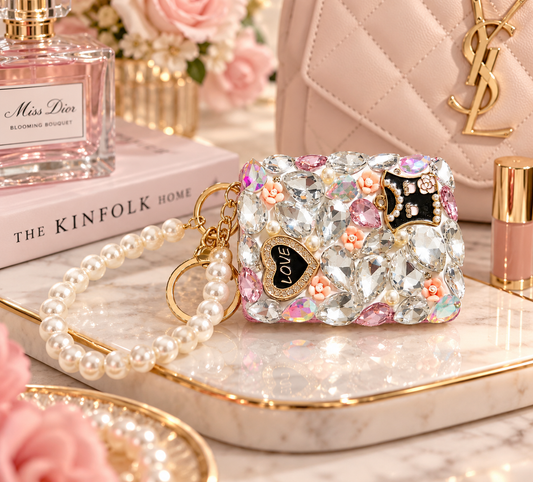 Blossom Bling Compact Mirror Keychain, Pearl Crystal Purse Charm
