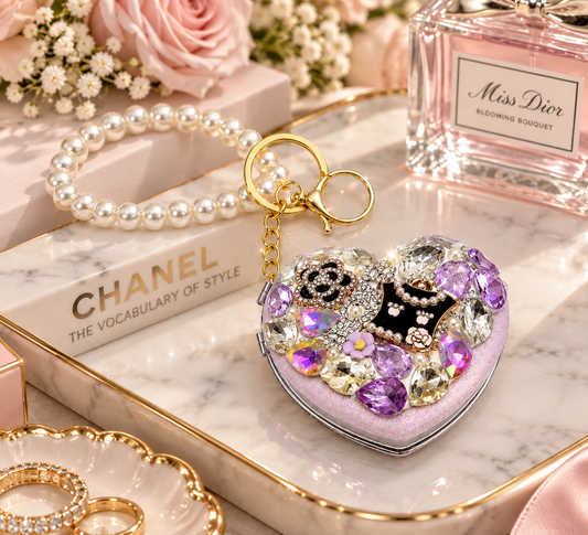 Bling Heart Compact Mirror Keychain, Pearl Crystal Purse Charm,