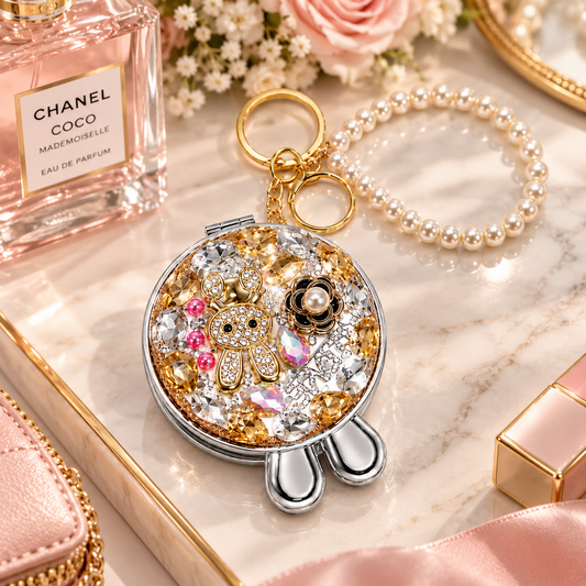 Bling Bunny Compact Mirror Keychain, Pearl Crystal Purse Charm