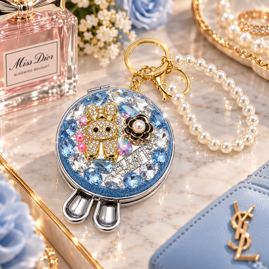 Bling Bunny Compact Mirror Keychain, Pearl Crystal Purse Charm