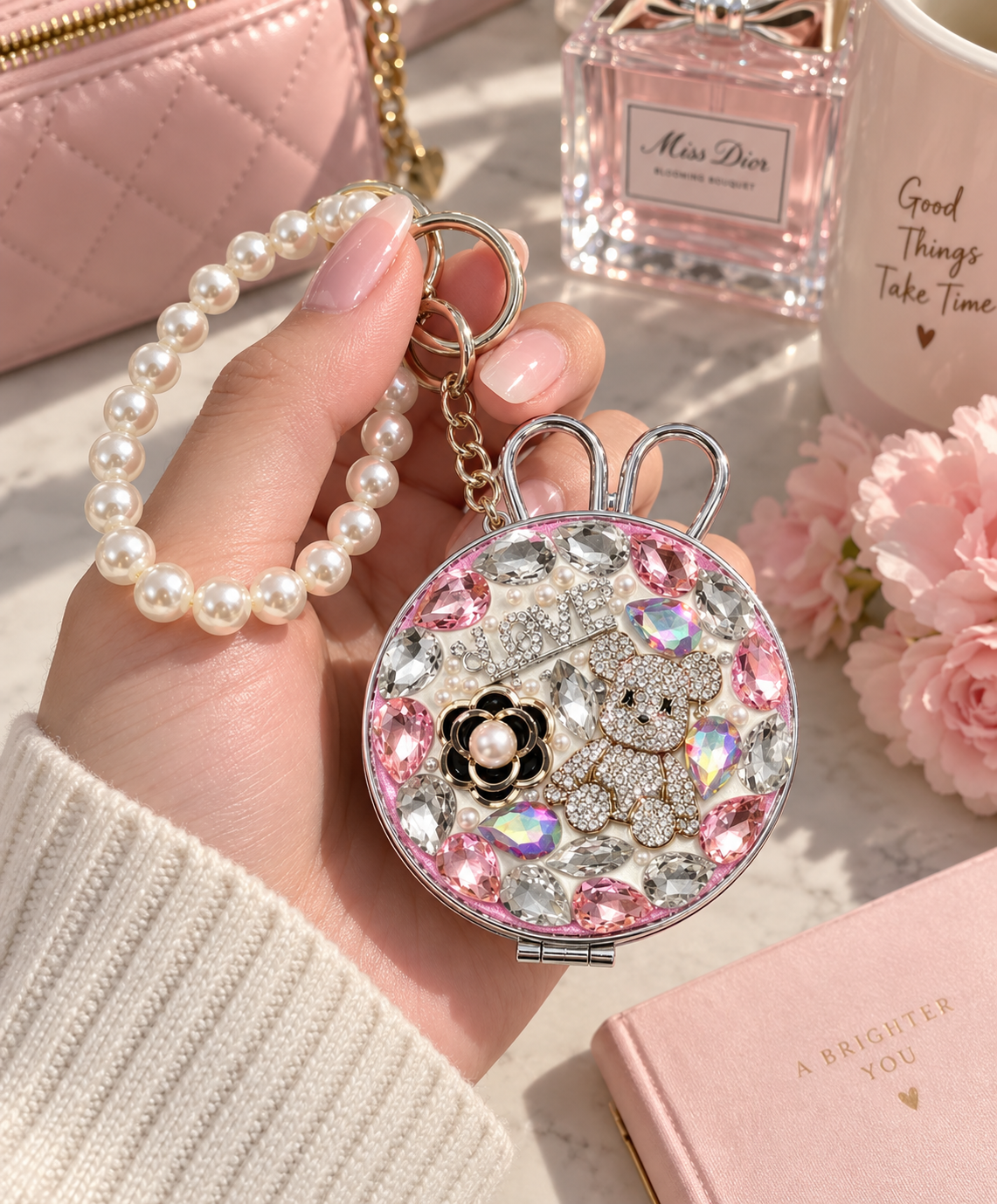 Bling Bunny Compact Mirror Keychain, Pearl Crystal Purse Charm