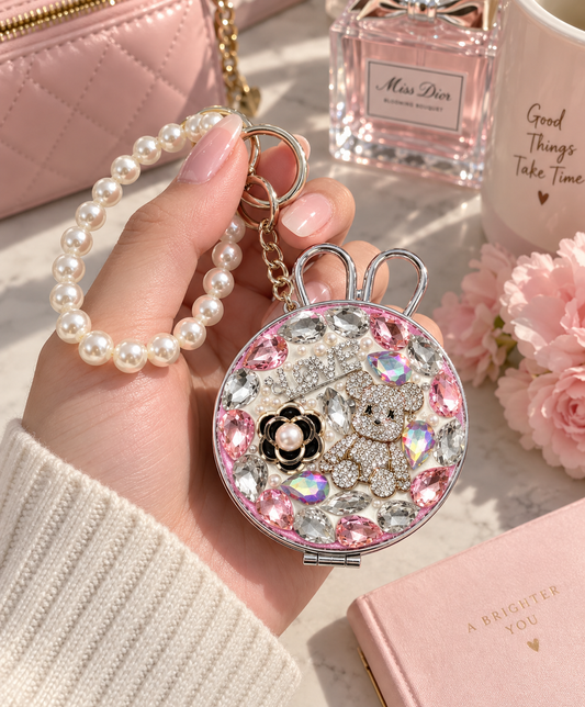 Bling Bunny Compact Mirror Keychain, Pearl Crystal Purse Charm