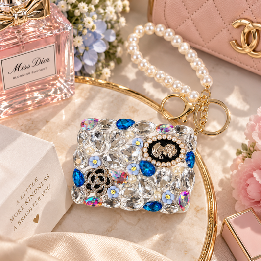 Blossom Bling Compact Mirror Keychain, Pearl Crystal Purse Charm
