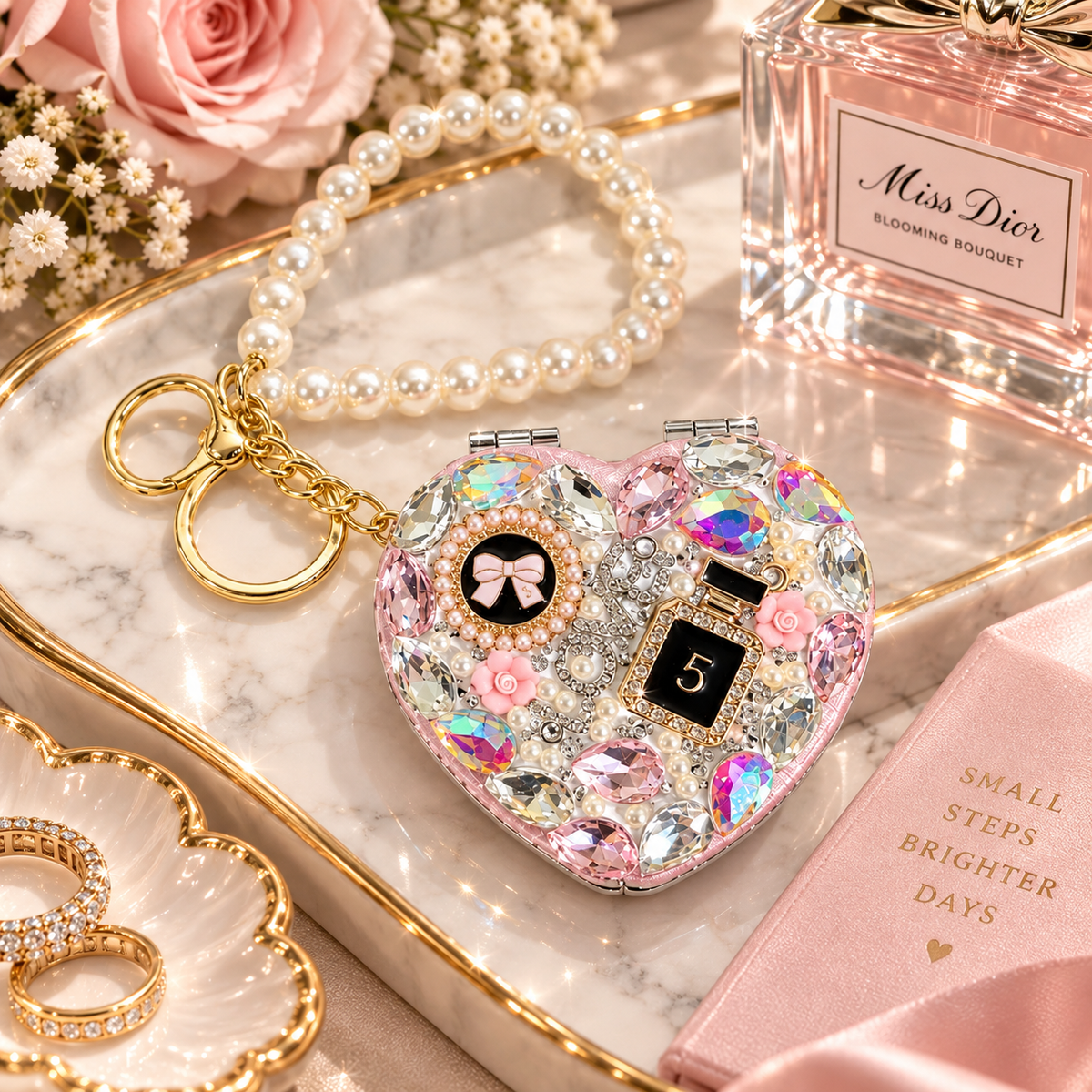 Bling Heart Compact Mirror Keychain, Pearl Crystal Purse Charm