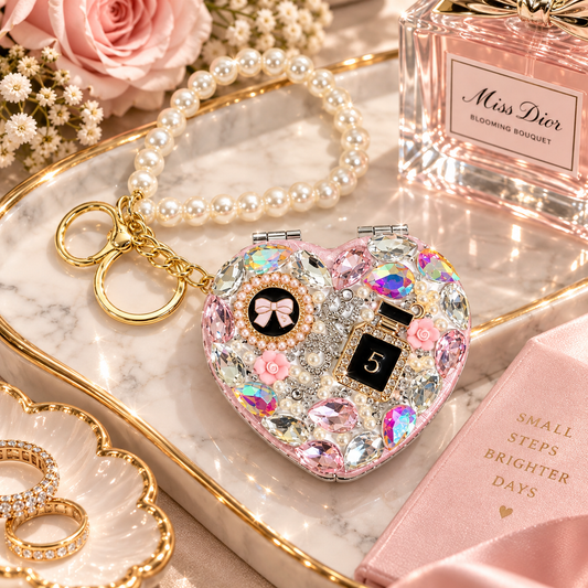 Bling Heart Compact Mirror Keychain, Pearl Crystal Purse Charm